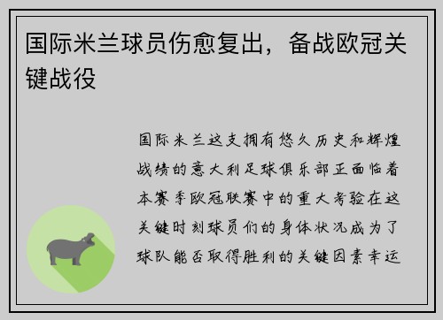 国际米兰球员伤愈复出，备战欧冠关键战役
