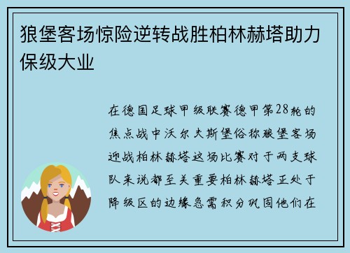 狼堡客场惊险逆转战胜柏林赫塔助力保级大业
